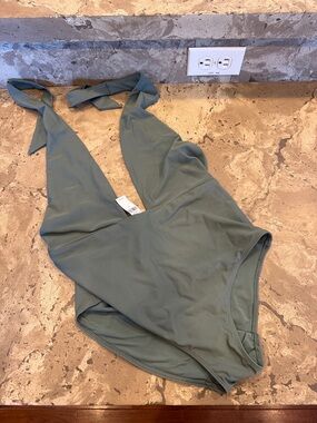aerie Olive Green One-Piece Halter Swimsuit